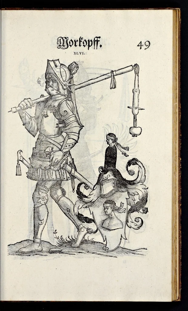 An illustration from Geschlechter Buch : darinn der loblichen kaiserlichẽ Reichs Statt Augspurg so vor fünffhundert vnd mehr Jaren hero, daselbst gewonet, vnd biss auff acht abgestorben auch deren so an der abgestorbnen stat eingenom̃en vnd erhöhet worden seyn : dessgleichen mit was Personen die Röm. Key. May. [et]c. am dritten Augusti im M.D.XLVIIII. Jare ain new Regiment von Raht vnd Gericht auch alle Empter besetzt hat : sampt aines jeden Geschlechts Wapen, Zeichen, Schilt vnd Helm, auch Ankunfft vnd Herkommen : alles mit künstlichen Figuren angezeigt, vnd allen Kunstliebhabern jetzt widerumb an Tag gegeben, 1580, leaf 54