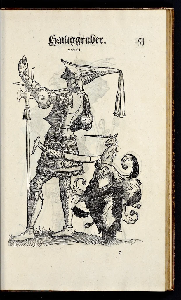 An illustration from Geschlechter Buch : darinn der loblichen kaiserlichẽ Reichs Statt Augspurg so vor fünffhundert vnd mehr Jaren hero, daselbst gewonet, vnd biss auff acht abgestorben auch deren so an der abgestorbnen stat eingenom̃en vnd erhöhet worden seyn : dessgleichen mit was Personen die Röm. Key. May. [et]c. am dritten Augusti im M.D.XLVIIII. Jare ain new Regiment von Raht vnd Gericht auch alle Empter besetzt hat : sampt aines jeden Geschlechts Wapen, Zeichen, Schilt vnd Helm, auch Ankunfft vnd Herkommen : alles mit künstlichen Figuren angezeigt, vnd allen Kunstliebhabern jetzt widerumb an Tag gegeben, 1580, leaf 56