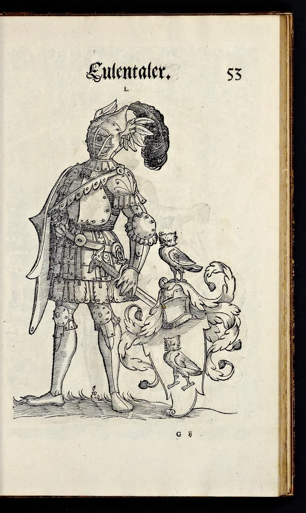 An illustration from Geschlechter Buch : darinn der loblichen kaiserlichẽ Reichs Statt Augspurg so vor fünffhundert vnd mehr Jaren hero, daselbst gewonet, vnd biss auff acht abgestorben auch deren so an der abgestorbnen stat eingenom̃en vnd erhöhet worden seyn : dessgleichen mit was Personen die Röm. Key. May. [et]c. am dritten Augusti im M.D.XLVIIII. Jare ain new Regiment von Raht vnd Gericht auch alle Empter besetzt hat : sampt aines jeden Geschlechts Wapen, Zeichen, Schilt vnd Helm, auch Ankunfft vnd Herkommen : alles mit künstlichen Figuren angezeigt, vnd allen Kunstliebhabern jetzt widerumb an Tag gegeben, 1580, leaf 58