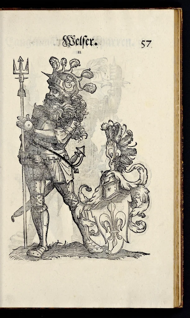 An illustration from Geschlechter Buch : darinn der loblichen kaiserlichẽ Reichs Statt Augspurg so vor fünffhundert vnd mehr Jaren hero, daselbst gewonet, vnd biss auff acht abgestorben auch deren so an der abgestorbnen stat eingenom̃en vnd erhöhet worden seyn : dessgleichen mit was Personen die Röm. Key. May. [et]c. am dritten Augusti im M.D.XLVIIII. Jare ain new Regiment von Raht vnd Gericht auch alle Empter besetzt hat : sampt aines jeden Geschlechts Wapen, Zeichen, Schilt vnd Helm, auch Ankunfft vnd Herkommen : alles mit künstlichen Figuren angezeigt, vnd allen Kunstliebhabern jetzt widerumb an Tag gegeben, 1580, leaf 62