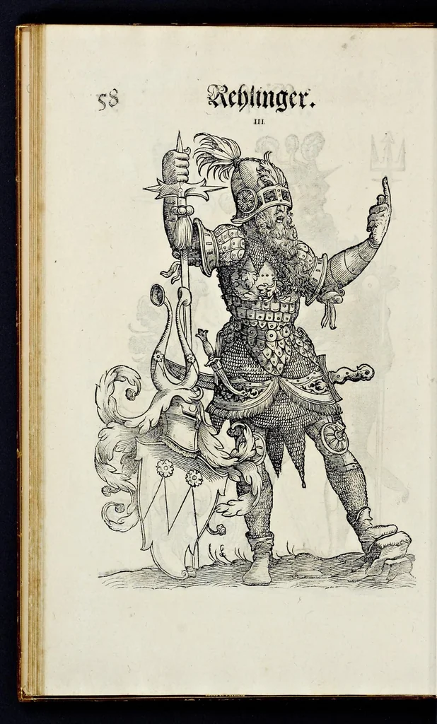 An illustration from Geschlechter Buch : darinn der loblichen kaiserlichẽ Reichs Statt Augspurg so vor fünffhundert vnd mehr Jaren hero, daselbst gewonet, vnd biss auff acht abgestorben auch deren so an der abgestorbnen stat eingenom̃en vnd erhöhet worden seyn : dessgleichen mit was Personen die Röm. Key. May. [et]c. am dritten Augusti im M.D.XLVIIII. Jare ain new Regiment von Raht vnd Gericht auch alle Empter besetzt hat : sampt aines jeden Geschlechts Wapen, Zeichen, Schilt vnd Helm, auch Ankunfft vnd Herkommen : alles mit künstlichen Figuren angezeigt, vnd allen Kunstliebhabern jetzt widerumb an Tag gegeben, 1580, leaf 63