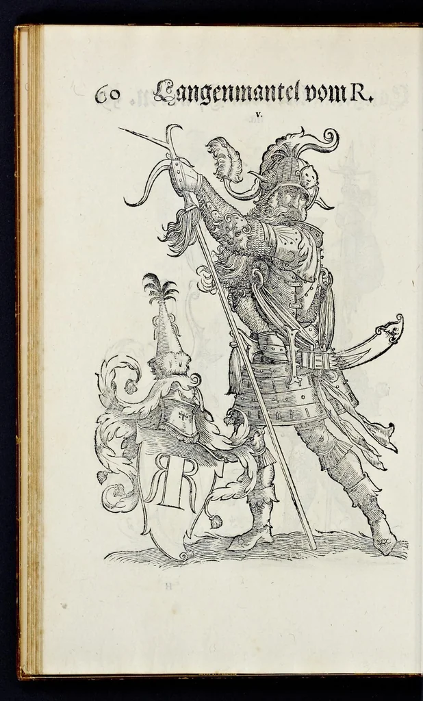 An illustration from Geschlechter Buch : darinn der loblichen kaiserlichẽ Reichs Statt Augspurg so vor fünffhundert vnd mehr Jaren hero, daselbst gewonet, vnd biss auff acht abgestorben auch deren so an der abgestorbnen stat eingenom̃en vnd erhöhet worden seyn : dessgleichen mit was Personen die Röm. Key. May. [et]c. am dritten Augusti im M.D.XLVIIII. Jare ain new Regiment von Raht vnd Gericht auch alle Empter besetzt hat : sampt aines jeden Geschlechts Wapen, Zeichen, Schilt vnd Helm, auch Ankunfft vnd Herkommen : alles mit künstlichen Figuren angezeigt, vnd allen Kunstliebhabern jetzt widerumb an Tag gegeben, 1580, leaf 65