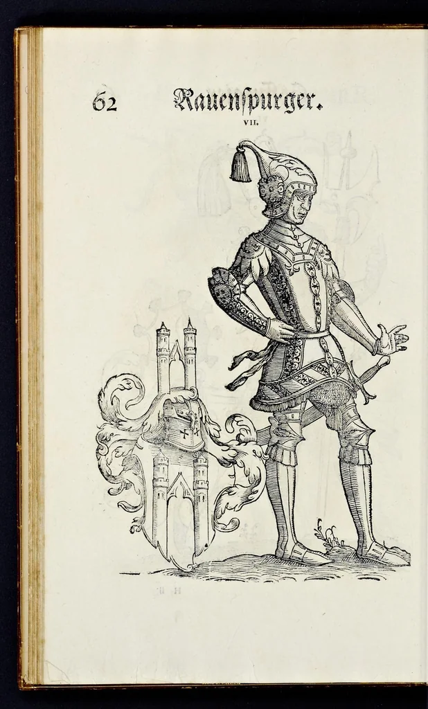An illustration from Geschlechter Buch : darinn der loblichen kaiserlichẽ Reichs Statt Augspurg so vor fünffhundert vnd mehr Jaren hero, daselbst gewonet, vnd biss auff acht abgestorben auch deren so an der abgestorbnen stat eingenom̃en vnd erhöhet worden seyn : dessgleichen mit was Personen die Röm. Key. May. [et]c. am dritten Augusti im M.D.XLVIIII. Jare ain new Regiment von Raht vnd Gericht auch alle Empter besetzt hat : sampt aines jeden Geschlechts Wapen, Zeichen, Schilt vnd Helm, auch Ankunfft vnd Herkommen : alles mit künstlichen Figuren angezeigt, vnd allen Kunstliebhabern jetzt widerumb an Tag gegeben, 1580, leaf 67