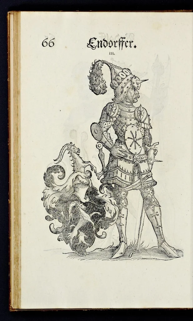 An illustration from Geschlechter Buch : darinn der loblichen kaiserlichẽ Reichs Statt Augspurg so vor fünffhundert vnd mehr Jaren hero, daselbst gewonet, vnd biss auff acht abgestorben auch deren so an der abgestorbnen stat eingenom̃en vnd erhöhet worden seyn : dessgleichen mit was Personen die Röm. Key. May. [et]c. am dritten Augusti im M.D.XLVIIII. Jare ain new Regiment von Raht vnd Gericht auch alle Empter besetzt hat : sampt aines jeden Geschlechts Wapen, Zeichen, Schilt vnd Helm, auch Ankunfft vnd Herkommen : alles mit künstlichen Figuren angezeigt, vnd allen Kunstliebhabern jetzt widerumb an Tag gegeben, 1580, leaf 71