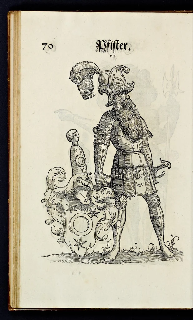 An illustration from Geschlechter Buch : darinn der loblichen kaiserlichẽ Reichs Statt Augspurg so vor fünffhundert vnd mehr Jaren hero, daselbst gewonet, vnd biss auff acht abgestorben auch deren so an der abgestorbnen stat eingenom̃en vnd erhöhet worden seyn : dessgleichen mit was Personen die Röm. Key. May. [et]c. am dritten Augusti im M.D.XLVIIII. Jare ain new Regiment von Raht vnd Gericht auch alle Empter besetzt hat : sampt aines jeden Geschlechts Wapen, Zeichen, Schilt vnd Helm, auch Ankunfft vnd Herkommen : alles mit künstlichen Figuren angezeigt, vnd allen Kunstliebhabern jetzt widerumb an Tag gegeben, 1580, leaf 75