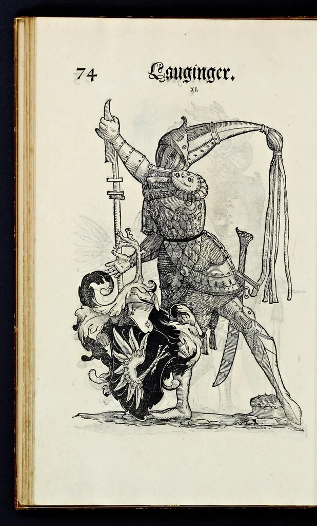 An illustration from Geschlechter Buch : darinn der loblichen kaiserlichẽ Reichs Statt Augspurg so vor fünffhundert vnd mehr Jaren hero, daselbst gewonet, vnd biss auff acht abgestorben auch deren so an der abgestorbnen stat eingenom̃en vnd erhöhet worden seyn : dessgleichen mit was Personen die Röm. Key. May. [et]c. am dritten Augusti im M.D.XLVIIII. Jare ain new Regiment von Raht vnd Gericht auch alle Empter besetzt hat : sampt aines jeden Geschlechts Wapen, Zeichen, Schilt vnd Helm, auch Ankunfft vnd Herkommen : alles mit künstlichen Figuren angezeigt, vnd allen Kunstliebhabern jetzt widerumb an Tag gegeben, 1580, leaf 79