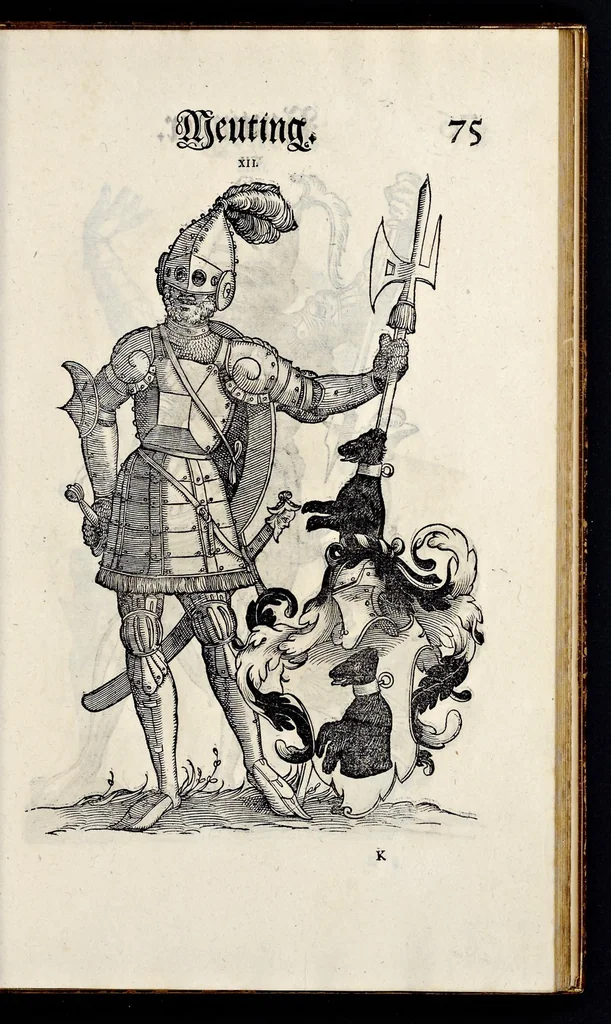 An illustration from Geschlechter Buch : darinn der loblichen kaiserlichẽ Reichs Statt Augspurg so vor fünffhundert vnd mehr Jaren hero, daselbst gewonet, vnd biss auff acht abgestorben auch deren so an der abgestorbnen stat eingenom̃en vnd erhöhet worden seyn : dessgleichen mit was Personen die Röm. Key. May. [et]c. am dritten Augusti im M.D.XLVIIII. Jare ain new Regiment von Raht vnd Gericht auch alle Empter besetzt hat : sampt aines jeden Geschlechts Wapen, Zeichen, Schilt vnd Helm, auch Ankunfft vnd Herkommen : alles mit künstlichen Figuren angezeigt, vnd allen Kunstliebhabern jetzt widerumb an Tag gegeben, 1580, leaf 80