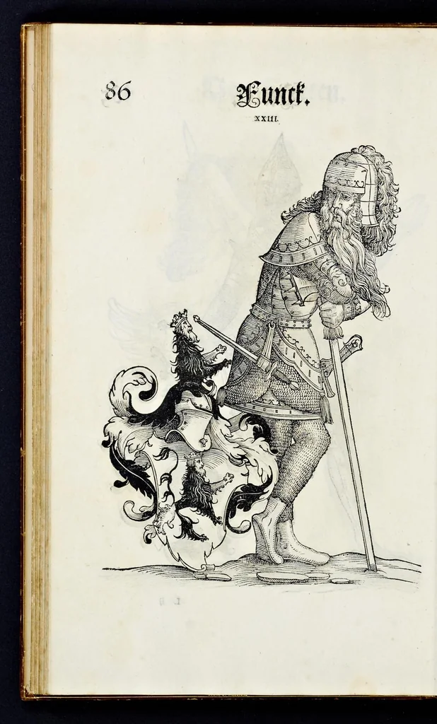 An illustration from Geschlechter Buch : darinn der loblichen kaiserlichẽ Reichs Statt Augspurg so vor fünffhundert vnd mehr Jaren hero, daselbst gewonet, vnd biss auff acht abgestorben auch deren so an der abgestorbnen stat eingenom̃en vnd erhöhet worden seyn : dessgleichen mit was Personen die Röm. Key. May. [et]c. am dritten Augusti im M.D.XLVIIII. Jare ain new Regiment von Raht vnd Gericht auch alle Empter besetzt hat : sampt aines jeden Geschlechts Wapen, Zeichen, Schilt vnd Helm, auch Ankunfft vnd Herkommen : alles mit künstlichen Figuren angezeigt, vnd allen Kunstliebhabern jetzt widerumb an Tag gegeben, 1580, leaf 91