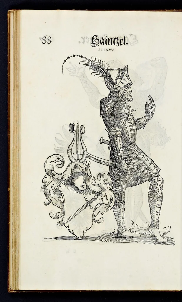 An illustration from Geschlechter Buch : darinn der loblichen kaiserlichẽ Reichs Statt Augspurg so vor fünffhundert vnd mehr Jaren hero, daselbst gewonet, vnd biss auff acht abgestorben auch deren so an der abgestorbnen stat eingenom̃en vnd erhöhet worden seyn : dessgleichen mit was Personen die Röm. Key. May. [et]c. am dritten Augusti im M.D.XLVIIII. Jare ain new Regiment von Raht vnd Gericht auch alle Empter besetzt hat : sampt aines jeden Geschlechts Wapen, Zeichen, Schilt vnd Helm, auch Ankunfft vnd Herkommen : alles mit künstlichen Figuren angezeigt, vnd allen Kunstliebhabern jetzt widerumb an Tag gegeben, 1580, leaf 93