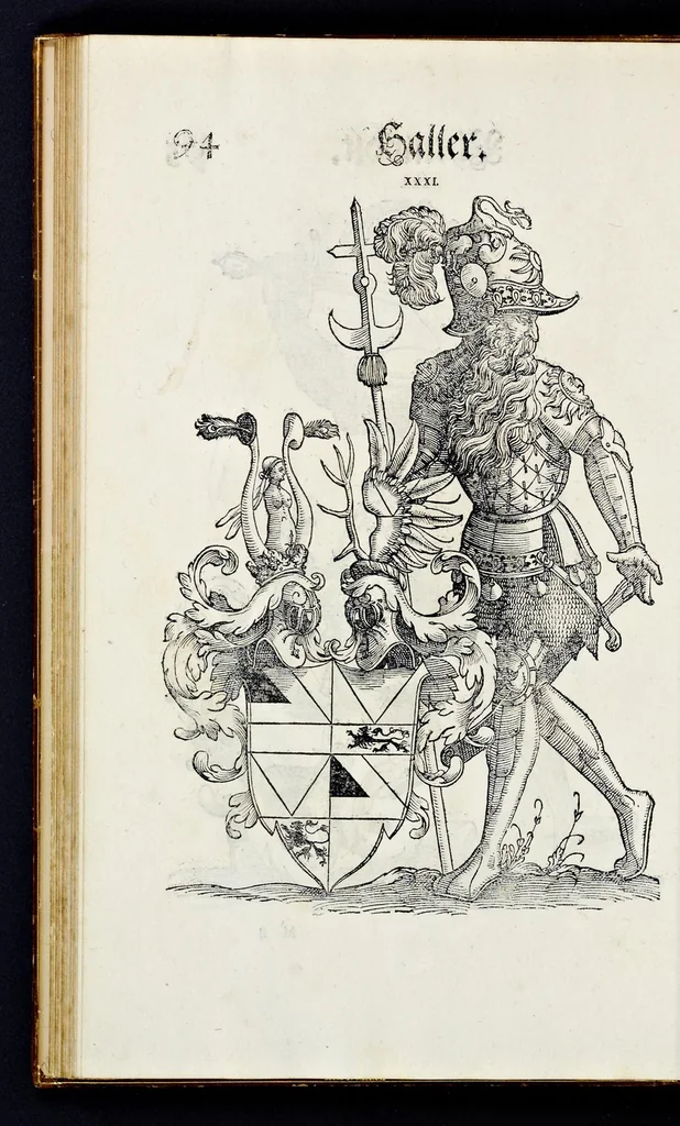 An illustration from Geschlechter Buch : darinn der loblichen kaiserlichẽ Reichs Statt Augspurg so vor fünffhundert vnd mehr Jaren hero, daselbst gewonet, vnd biss auff acht abgestorben auch deren so an der abgestorbnen stat eingenom̃en vnd erhöhet worden seyn : dessgleichen mit was Personen die Röm. Key. May. [et]c. am dritten Augusti im M.D.XLVIIII. Jare ain new Regiment von Raht vnd Gericht auch alle Empter besetzt hat : sampt aines jeden Geschlechts Wapen, Zeichen, Schilt vnd Helm, auch Ankunfft vnd Herkommen : alles mit künstlichen Figuren angezeigt, vnd allen Kunstliebhabern jetzt widerumb an Tag gegeben, 1580, leaf 99