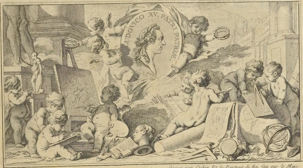 An illustration from Monumens érigés en France à la gloire de Louis XV : précédés d'un tableau du progrès des arts & des sciences sous ce règne, ainsi que d'une description des honneurs & des monumens de gloire accordés aux grands hommes, tant chez les anciens que chez les modernes : et suivis d'un choix des principaux projets qui ont été proposés, pour placer la statue du roi dans les différens quartiers de Paris, 1767, leaf 10