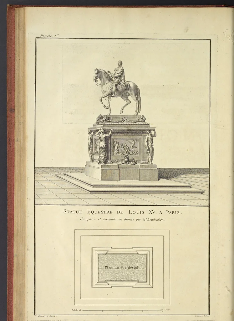 An illustration from Monumens érigés en France à la gloire de Louis XV : précédés d'un tableau du progrès des arts & des sciences sous ce règne, ainsi que d'une description des honneurs & des monumens de gloire accordés aux grands hommes, tant chez les anciens que chez les modernes : et suivis d'un choix des principaux projets qui ont été proposés, pour placer la statue du roi dans les différens quartiers de Paris, 1767, leaf 129