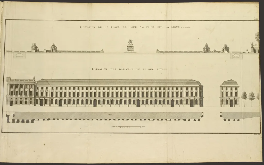An illustration from Monumens érigés en France à la gloire de Louis XV : précédés d'un tableau du progrès des arts & des sciences sous ce règne, ainsi que d'une description des honneurs & des monumens de gloire accordés aux grands hommes, tant chez les anciens que chez les modernes : et suivis d'un choix des principaux projets qui ont été proposés, pour placer la statue du roi dans les différens quartiers de Paris, 1767, leaf 144