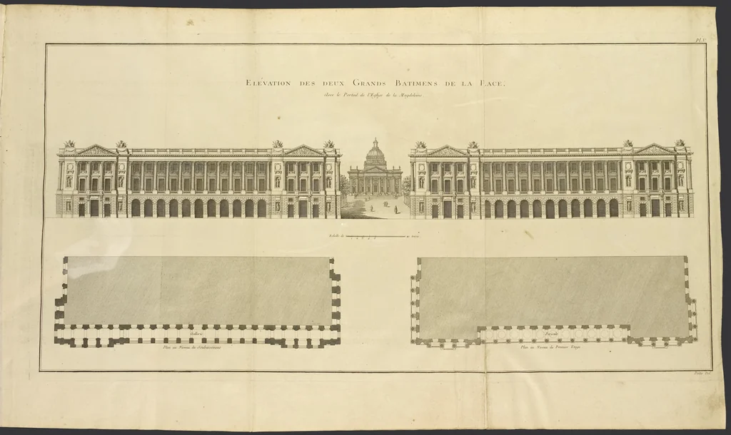 An illustration from Monumens érigés en France à la gloire de Louis XV : précédés d'un tableau du progrès des arts & des sciences sous ce règne, ainsi que d'une description des honneurs & des monumens de gloire accordés aux grands hommes, tant chez les anciens que chez les modernes : et suivis d'un choix des principaux projets qui ont été proposés, pour placer la statue du roi dans les différens quartiers de Paris, 1767, leaf 146