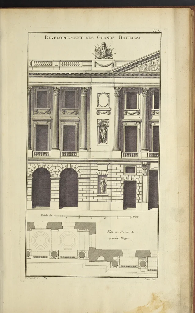 An illustration from Monumens érigés en France à la gloire de Louis XV : précédés d'un tableau du progrès des arts & des sciences sous ce règne, ainsi que d'une description des honneurs & des monumens de gloire accordés aux grands hommes, tant chez les anciens que chez les modernes : et suivis d'un choix des principaux projets qui ont été proposés, pour placer la statue du roi dans les différens quartiers de Paris, 1767, leaf 148