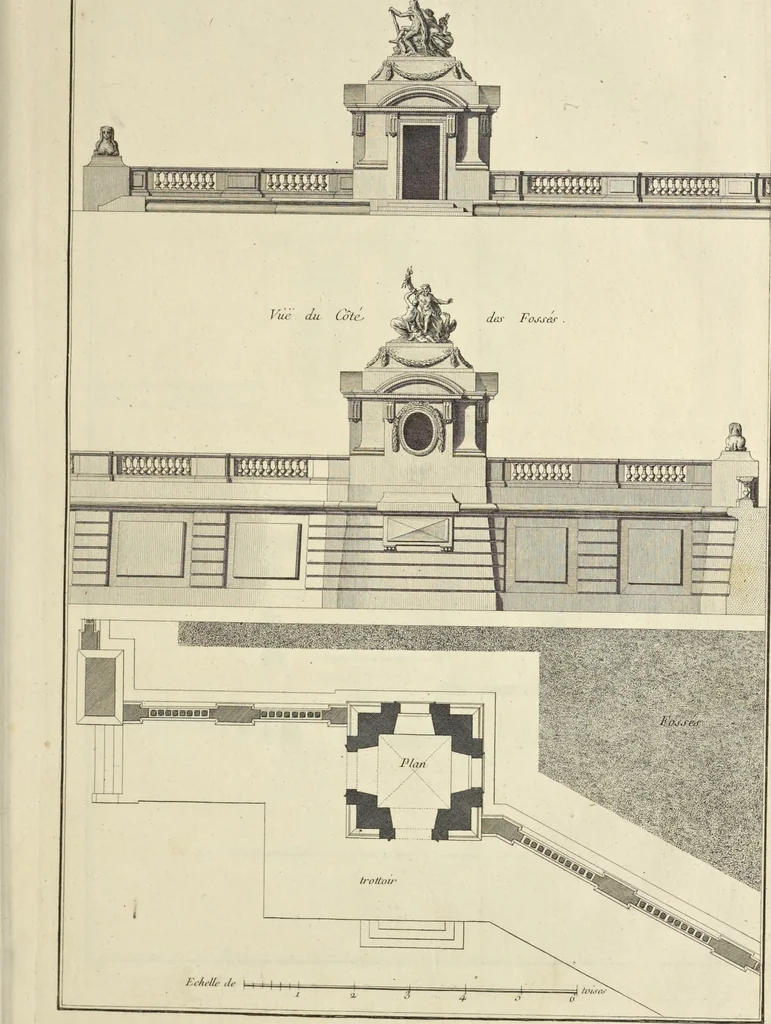 An illustration from Monumens érigés en France à la gloire de Louis XV : précédés d'un tableau du progrès des arts & des sciences sous ce règne, ainsi que d'une description des honneurs & des monumens de gloire accordés aux grands hommes, tant chez les anciens que chez les modernes : et suivis d'un choix des principaux projets qui ont été proposés, pour placer la statue du roi dans les différens quartiers de Paris, 1767, leaf 150