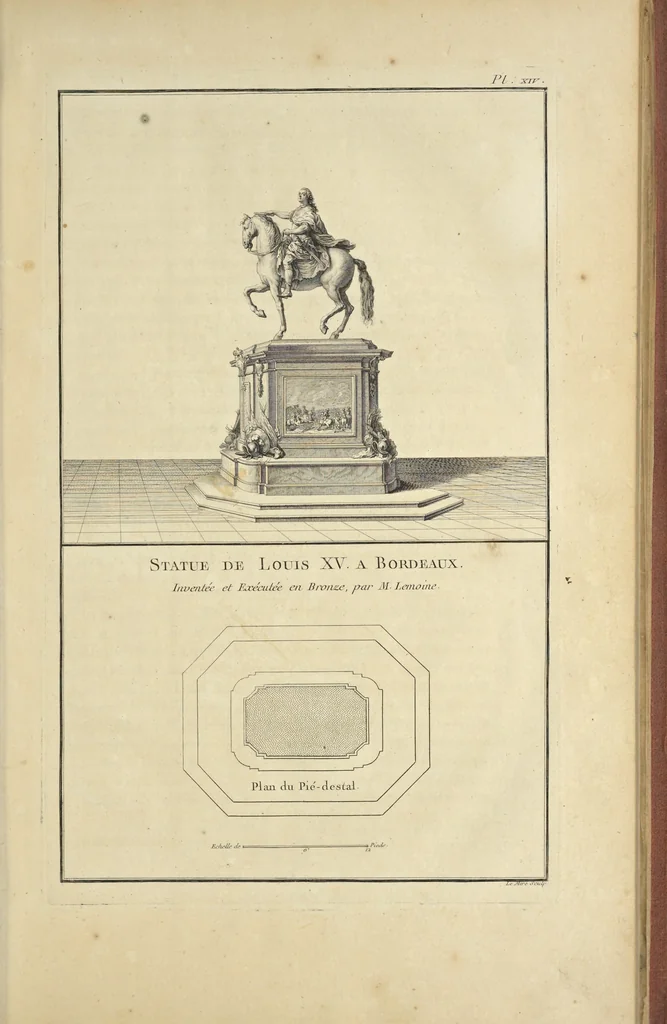 An illustration from Monumens érigés en France à la gloire de Louis XV : précédés d'un tableau du progrès des arts & des sciences sous ce règne, ainsi que d'une description des honneurs & des monumens de gloire accordés aux grands hommes, tant chez les anciens que chez les modernes : et suivis d'un choix des principaux projets qui ont été proposés, pour placer la statue du roi dans les différens quartiers de Paris, 1767, leaf 184