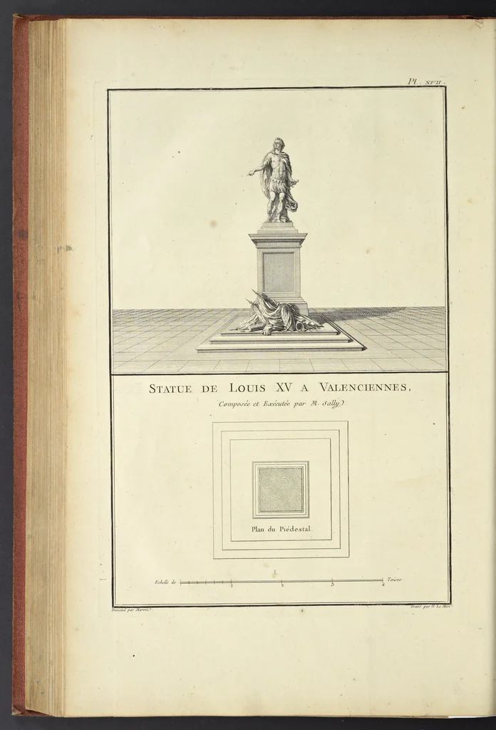 An illustration from Monumens érigés en France à la gloire de Louis XV : précédés d'un tableau du progrès des arts & des sciences sous ce règne, ainsi que d'une description des honneurs & des monumens de gloire accordés aux grands hommes, tant chez les anciens que chez les modernes : et suivis d'un choix des principaux projets qui ont été proposés, pour placer la statue du roi dans les différens quartiers de Paris, 1767, leaf 195