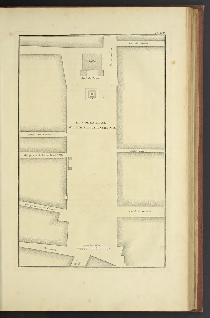 An illustration from Monumens érigés en France à la gloire de Louis XV : précédés d'un tableau du progrès des arts & des sciences sous ce règne, ainsi que d'une description des honneurs & des monumens de gloire accordés aux grands hommes, tant chez les anciens que chez les modernes : et suivis d'un choix des principaux projets qui ont été proposés, pour placer la statue du roi dans les différens quartiers de Paris, 1767, leaf 202