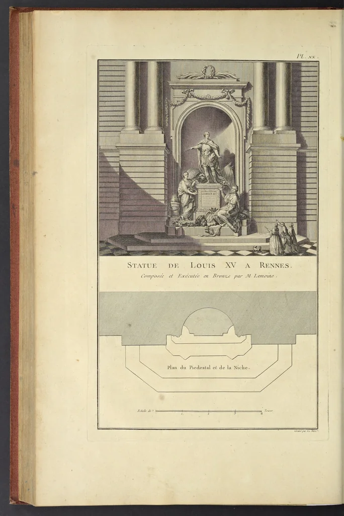 An illustration from Monumens érigés en France à la gloire de Louis XV : précédés d'un tableau du progrès des arts & des sciences sous ce règne, ainsi que d'une description des honneurs & des monumens de gloire accordés aux grands hommes, tant chez les anciens que chez les modernes : et suivis d'un choix des principaux projets qui ont été proposés, pour placer la statue du roi dans les différens quartiers de Paris, 1767, leaf 209