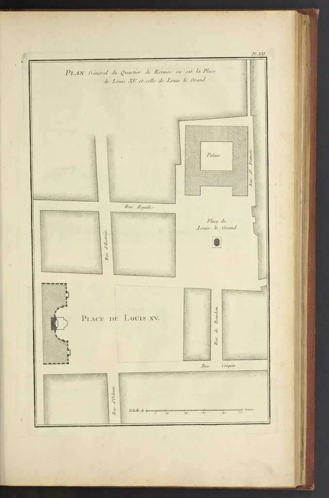 An illustration from Monumens érigés en France à la gloire de Louis XV : précédés d'un tableau du progrès des arts & des sciences sous ce règne, ainsi que d'une description des honneurs & des monumens de gloire accordés aux grands hommes, tant chez les anciens que chez les modernes : et suivis d'un choix des principaux projets qui ont été proposés, pour placer la statue du roi dans les différens quartiers de Paris, 1767, leaf 214