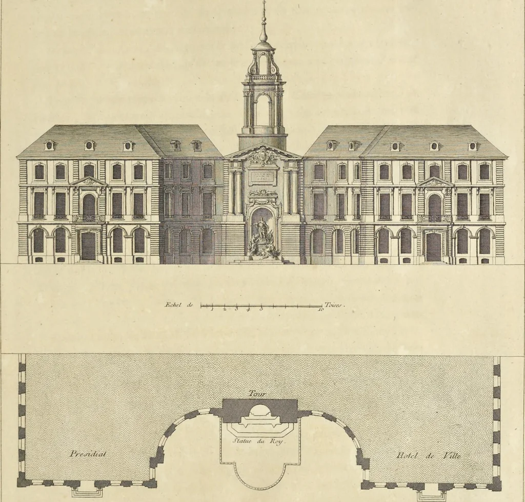 An illustration from Monumens érigés en France à la gloire de Louis XV : précédés d'un tableau du progrès des arts & des sciences sous ce règne, ainsi que d'une description des honneurs & des monumens de gloire accordés aux grands hommes, tant chez les anciens que chez les modernes : et suivis d'un choix des principaux projets qui ont été proposés, pour placer la statue du roi dans les différens quartiers de Paris, 1767, leaf 216