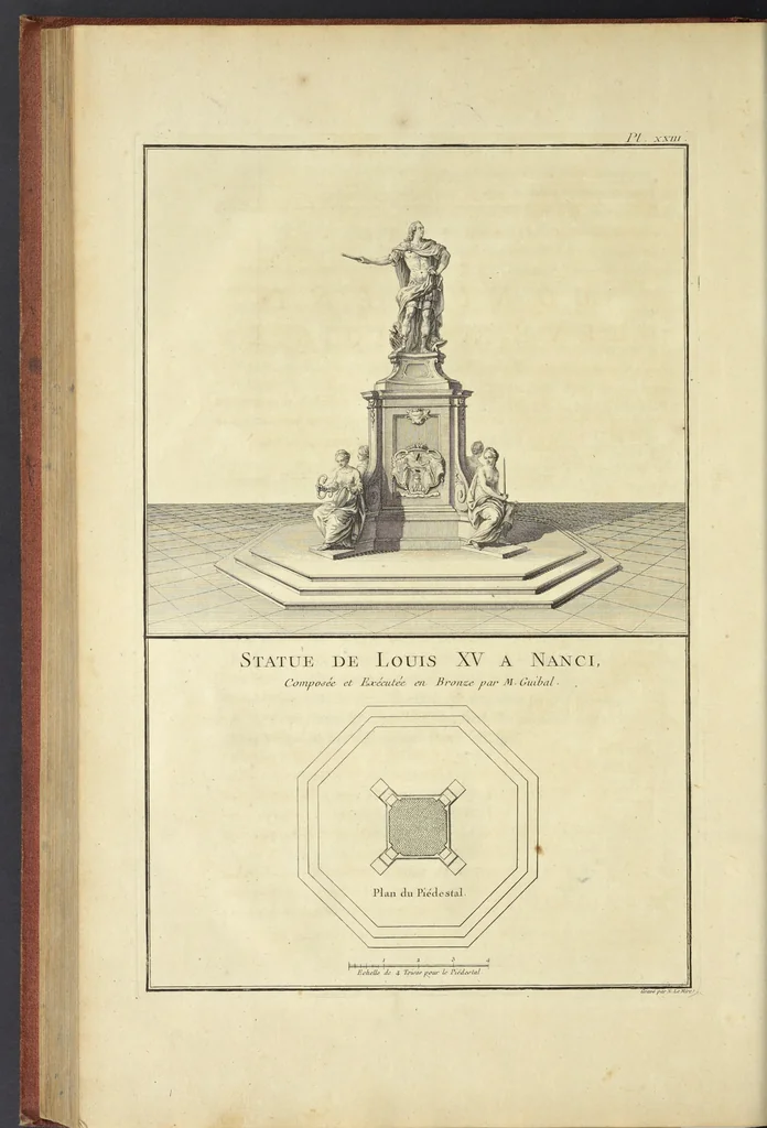 An illustration from Monumens érigés en France à la gloire de Louis XV : précédés d'un tableau du progrès des arts & des sciences sous ce règne, ainsi que d'une description des honneurs & des monumens de gloire accordés aux grands hommes, tant chez les anciens que chez les modernes : et suivis d'un choix des principaux projets qui ont été proposés, pour placer la statue du roi dans les différens quartiers de Paris, 1767, leaf 221