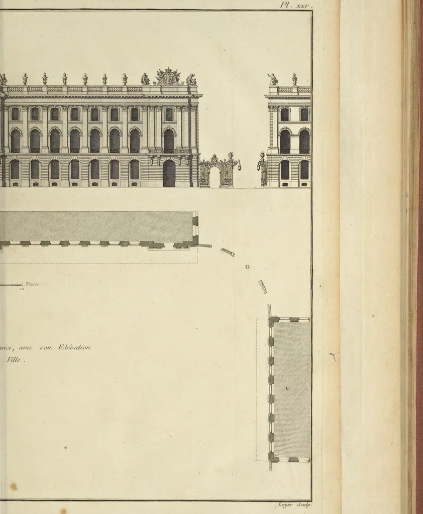 An illustration from Monumens érigés en France à la gloire de Louis XV : précédés d'un tableau du progrès des arts & des sciences sous ce règne, ainsi que d'une description des honneurs & des monumens de gloire accordés aux grands hommes, tant chez les anciens que chez les modernes : et suivis d'un choix des principaux projets qui ont été proposés, pour placer la statue du roi dans les différens quartiers de Paris, 1767, leaf 232