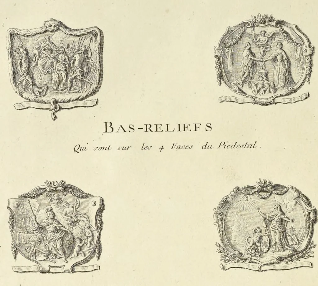 An illustration from Monumens érigés en France à la gloire de Louis XV : précédés d'un tableau du progrès des arts & des sciences sous ce règne, ainsi que d'une description des honneurs & des monumens de gloire accordés aux grands hommes, tant chez les anciens que chez les modernes : et suivis d'un choix des principaux projets qui ont été proposés, pour placer la statue du roi dans les différens quartiers de Paris, 1767, leaf 243
