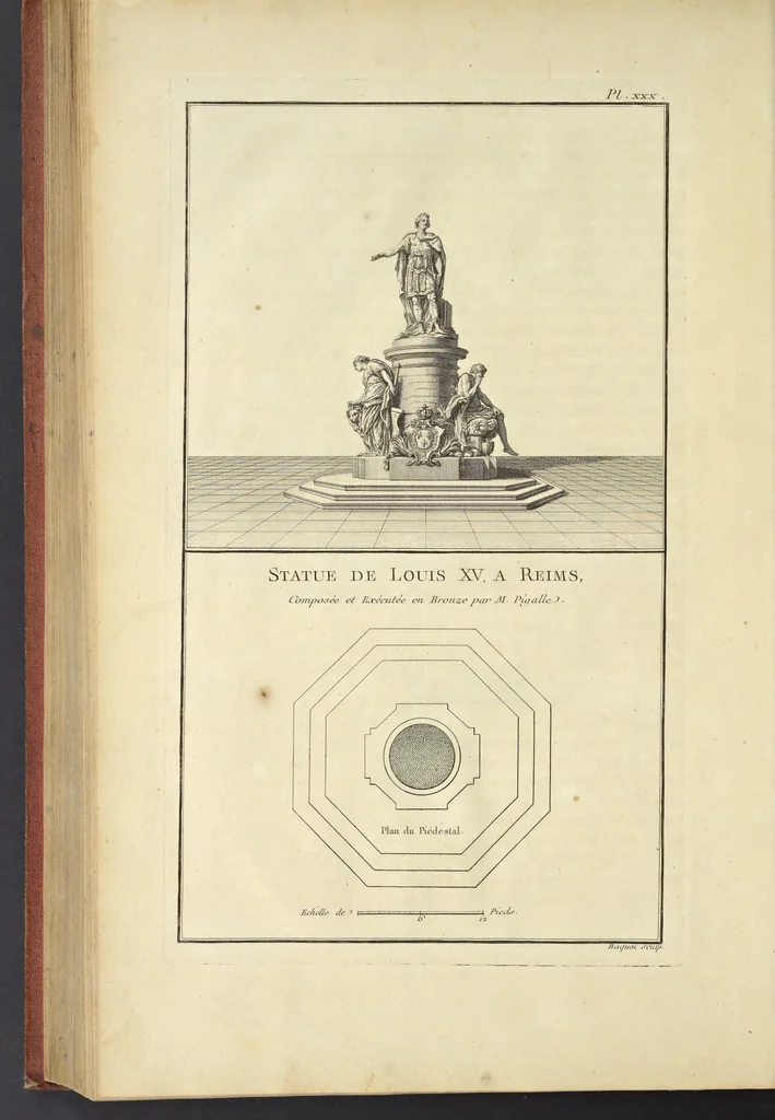 An illustration from Monumens érigés en France à la gloire de Louis XV : précédés d'un tableau du progrès des arts & des sciences sous ce règne, ainsi que d'une description des honneurs & des monumens de gloire accordés aux grands hommes, tant chez les anciens que chez les modernes : et suivis d'un choix des principaux projets qui ont été proposés, pour placer la statue du roi dans les différens quartiers de Paris, 1767, leaf 259