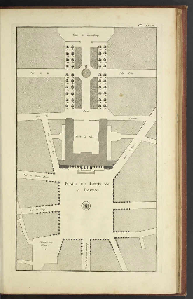 An illustration from Monumens érigés en France à la gloire de Louis XV : précédés d'un tableau du progrès des arts & des sciences sous ce règne, ainsi que d'une description des honneurs & des monumens de gloire accordés aux grands hommes, tant chez les anciens que chez les modernes : et suivis d'un choix des principaux projets qui ont été proposés, pour placer la statue du roi dans les différens quartiers de Paris, 1767, leaf 276