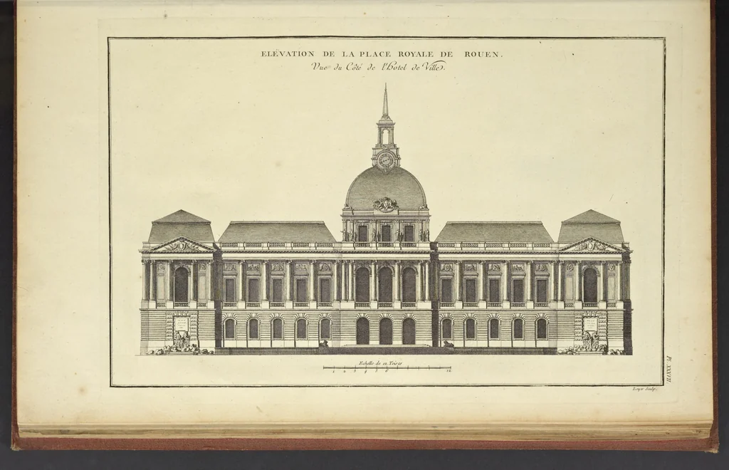 An illustration from Monumens érigés en France à la gloire de Louis XV : précédés d'un tableau du progrès des arts & des sciences sous ce règne, ainsi que d'une description des honneurs & des monumens de gloire accordés aux grands hommes, tant chez les anciens que chez les modernes : et suivis d'un choix des principaux projets qui ont été proposés, pour placer la statue du roi dans les différens quartiers de Paris, 1767, leaf 282