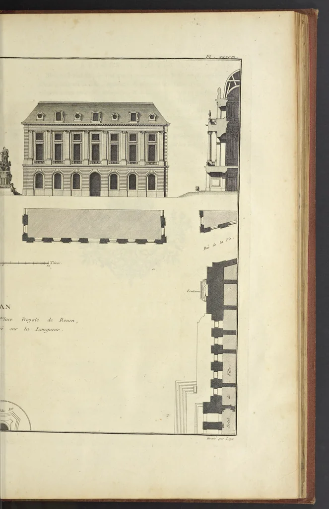 An illustration from Monumens érigés en France à la gloire de Louis XV : précédés d'un tableau du progrès des arts & des sciences sous ce règne, ainsi que d'une description des honneurs & des monumens de gloire accordés aux grands hommes, tant chez les anciens que chez les modernes : et suivis d'un choix des principaux projets qui ont été proposés, pour placer la statue du roi dans les différens quartiers de Paris, 1767, leaf 286