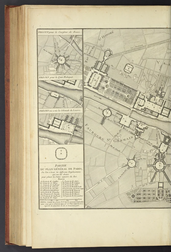 An illustration from Monumens érigés en France à la gloire de Louis XV : précédés d'un tableau du progrès des arts & des sciences sous ce règne, ainsi que d'une description des honneurs & des monumens de gloire accordés aux grands hommes, tant chez les anciens que chez les modernes : et suivis d'un choix des principaux projets qui ont été proposés, pour placer la statue du roi dans les différens quartiers de Paris, 1767, leaf 295
