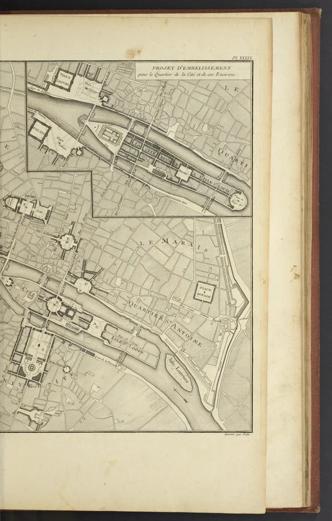 An illustration from Monumens érigés en France à la gloire de Louis XV : précédés d'un tableau du progrès des arts & des sciences sous ce règne, ainsi que d'une description des honneurs & des monumens de gloire accordés aux grands hommes, tant chez les anciens que chez les modernes : et suivis d'un choix des principaux projets qui ont été proposés, pour placer la statue du roi dans les différens quartiers de Paris, 1767, leaf 296