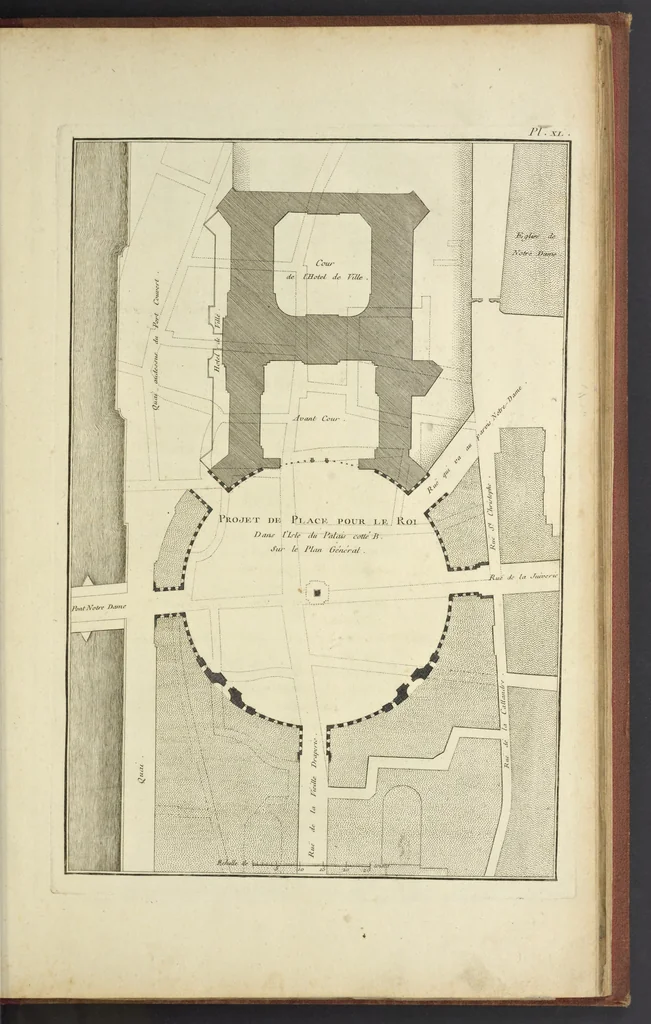 An illustration from Monumens érigés en France à la gloire de Louis XV : précédés d'un tableau du progrès des arts & des sciences sous ce règne, ainsi que d'une description des honneurs & des monumens de gloire accordés aux grands hommes, tant chez les anciens que chez les modernes : et suivis d'un choix des principaux projets qui ont été proposés, pour placer la statue du roi dans les différens quartiers de Paris, 1767, leaf 344