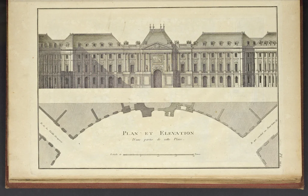 An illustration from Monumens érigés en France à la gloire de Louis XV : précédés d'un tableau du progrès des arts & des sciences sous ce règne, ainsi que d'une description des honneurs & des monumens de gloire accordés aux grands hommes, tant chez les anciens que chez les modernes : et suivis d'un choix des principaux projets qui ont été proposés, pour placer la statue du roi dans les différens quartiers de Paris, 1767, leaf 346