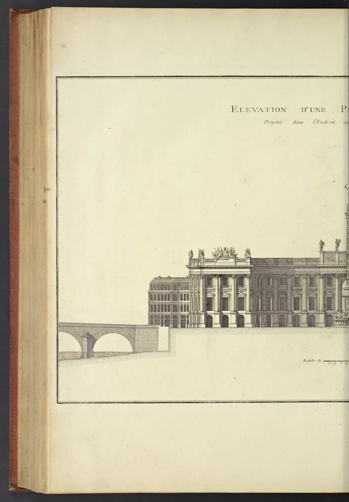 An illustration from Monumens érigés en France à la gloire de Louis XV : précédés d'un tableau du progrès des arts & des sciences sous ce règne, ainsi que d'une description des honneurs & des monumens de gloire accordés aux grands hommes, tant chez les anciens que chez les modernes : et suivis d'un choix des principaux projets qui ont été proposés, pour placer la statue du roi dans les différens quartiers de Paris, 1767, leaf 353