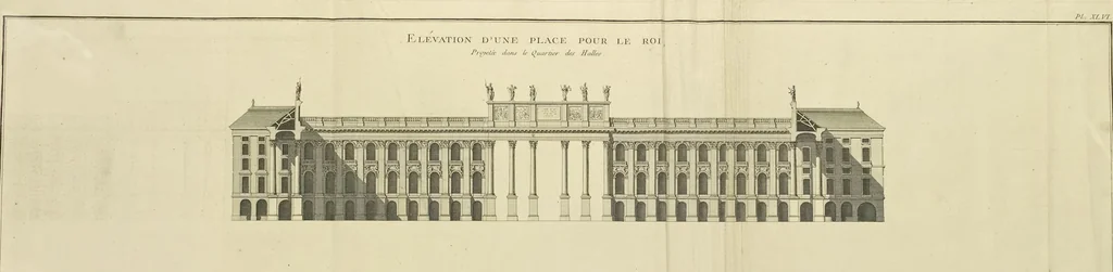 An illustration from Monumens érigés en France à la gloire de Louis XV : précédés d'un tableau du progrès des arts & des sciences sous ce règne, ainsi que d'une description des honneurs & des monumens de gloire accordés aux grands hommes, tant chez les anciens que chez les modernes : et suivis d'un choix des principaux projets qui ont été proposés, pour placer la statue du roi dans les différens quartiers de Paris, 1767, leaf 358