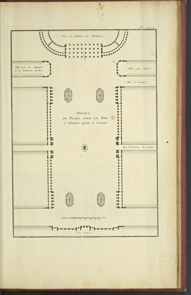 An illustration from Monumens érigés en France à la gloire de Louis XV : précédés d'un tableau du progrès des arts & des sciences sous ce règne, ainsi que d'une description des honneurs & des monumens de gloire accordés aux grands hommes, tant chez les anciens que chez les modernes : et suivis d'un choix des principaux projets qui ont été proposés, pour placer la statue du roi dans les différens quartiers de Paris, 1767, leaf 360
