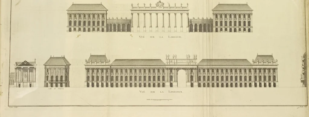 An illustration from Monumens érigés en France à la gloire de Louis XV : précédés d'un tableau du progrès des arts & des sciences sous ce règne, ainsi que d'une description des honneurs & des monumens de gloire accordés aux grands hommes, tant chez les anciens que chez les modernes : et suivis d'un choix des principaux projets qui ont été proposés, pour placer la statue du roi dans les différens quartiers de Paris, 1767, leaf 362