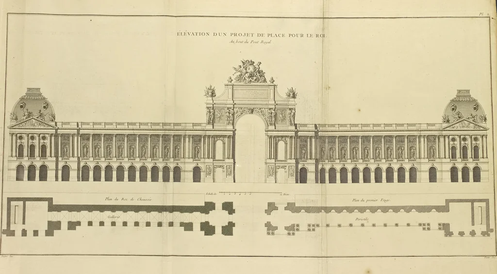 An illustration from Monumens érigés en France à la gloire de Louis XV : précédés d'un tableau du progrès des arts & des sciences sous ce règne, ainsi que d'une description des honneurs & des monumens de gloire accordés aux grands hommes, tant chez les anciens que chez les modernes : et suivis d'un choix des principaux projets qui ont été proposés, pour placer la statue du roi dans les différens quartiers de Paris, 1767, leaf 366