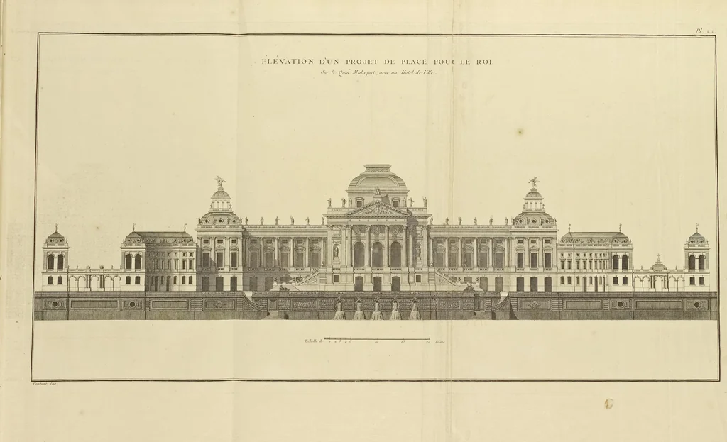 An illustration from Monumens érigés en France à la gloire de Louis XV : précédés d'un tableau du progrès des arts & des sciences sous ce règne, ainsi que d'une description des honneurs & des monumens de gloire accordés aux grands hommes, tant chez les anciens que chez les modernes : et suivis d'un choix des principaux projets qui ont été proposés, pour placer la statue du roi dans les différens quartiers de Paris, 1767, leaf 372