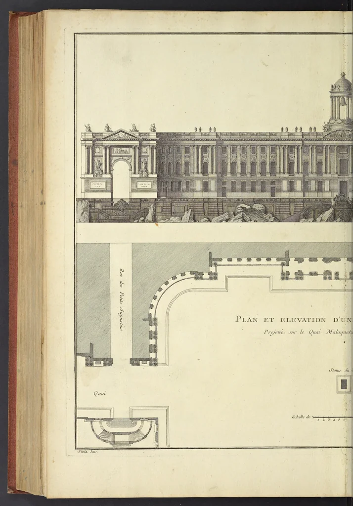 An illustration from Monumens érigés en France à la gloire de Louis XV : précédés d'un tableau du progrès des arts & des sciences sous ce règne, ainsi que d'une description des honneurs & des monumens de gloire accordés aux grands hommes, tant chez les anciens que chez les modernes : et suivis d'un choix des principaux projets qui ont été proposés, pour placer la statue du roi dans les différens quartiers de Paris, 1767, leaf 377