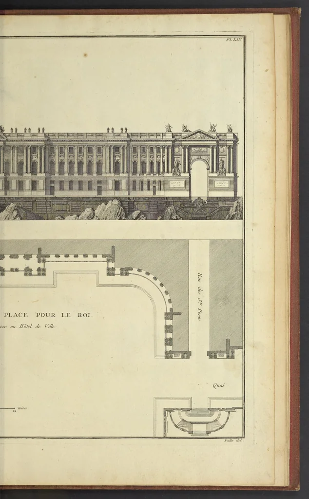 An illustration from Monumens érigés en France à la gloire de Louis XV : précédés d'un tableau du progrès des arts & des sciences sous ce règne, ainsi que d'une description des honneurs & des monumens de gloire accordés aux grands hommes, tant chez les anciens que chez les modernes : et suivis d'un choix des principaux projets qui ont été proposés, pour placer la statue du roi dans les différens quartiers de Paris, 1767, leaf 378