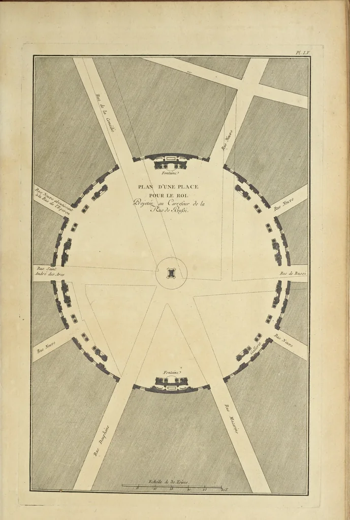 An illustration from Monumens érigés en France à la gloire de Louis XV : précédés d'un tableau du progrès des arts & des sciences sous ce règne, ainsi que d'une description des honneurs & des monumens de gloire accordés aux grands hommes, tant chez les anciens que chez les modernes : et suivis d'un choix des principaux projets qui ont été proposés, pour placer la statue du roi dans les différens quartiers de Paris, 1767, leaf 380