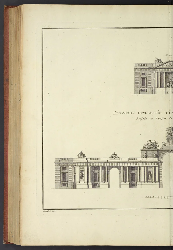 An illustration from Monumens érigés en France à la gloire de Louis XV : précédés d'un tableau du progrès des arts & des sciences sous ce règne, ainsi que d'une description des honneurs & des monumens de gloire accordés aux grands hommes, tant chez les anciens que chez les modernes : et suivis d'un choix des principaux projets qui ont été proposés, pour placer la statue du roi dans les différens quartiers de Paris, 1767, leaf 383