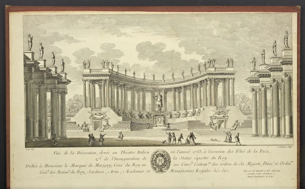 An illustration from Monumens érigés en France à la gloire de Louis XV : précédés d'un tableau du progrès des arts & des sciences sous ce règne, ainsi que d'une description des honneurs & des monumens de gloire accordés aux grands hommes, tant chez les anciens que chez les modernes : et suivis d'un choix des principaux projets qui ont été proposés, pour placer la statue du roi dans les différens quartiers de Paris, 1767, leaf 394