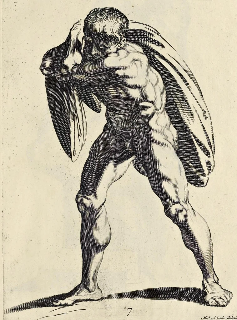 An illustration from Varie figure academiche : nouamente raccolte dal naturale con grandissima fatica e spesa, molto commode per la giouentu, la quaele si diletta dal arte dal disegno : messe in luce da I.A. de Poutre, d'Anuersa = Diuersche figuren wt de academia : nu eerst by een vergadert naert leuen, met groote moyte en oncost, seer bequaem voor alle iongelingen die hen oefenen in de teeken-const : int licht gebrocht door Ioan. A. de Poutre, plaetsnyder van Antwerpen, 1629, leaf 20