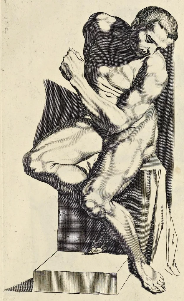 An illustration from Varie figure academiche : nouamente raccolte dal naturale con grandissima fatica e spesa, molto commode per la giouentu, la quaele si diletta dal arte dal disegno : messe in luce da I.A. de Poutre, d'Anuersa = Diuersche figuren wt de academia : nu eerst by een vergadert naert leuen, met groote moyte en oncost, seer bequaem voor alle iongelingen die hen oefenen in de teeken-const : int licht gebrocht door Ioan. A. de Poutre, plaetsnyder van Antwerpen, 1629, leaf 22
